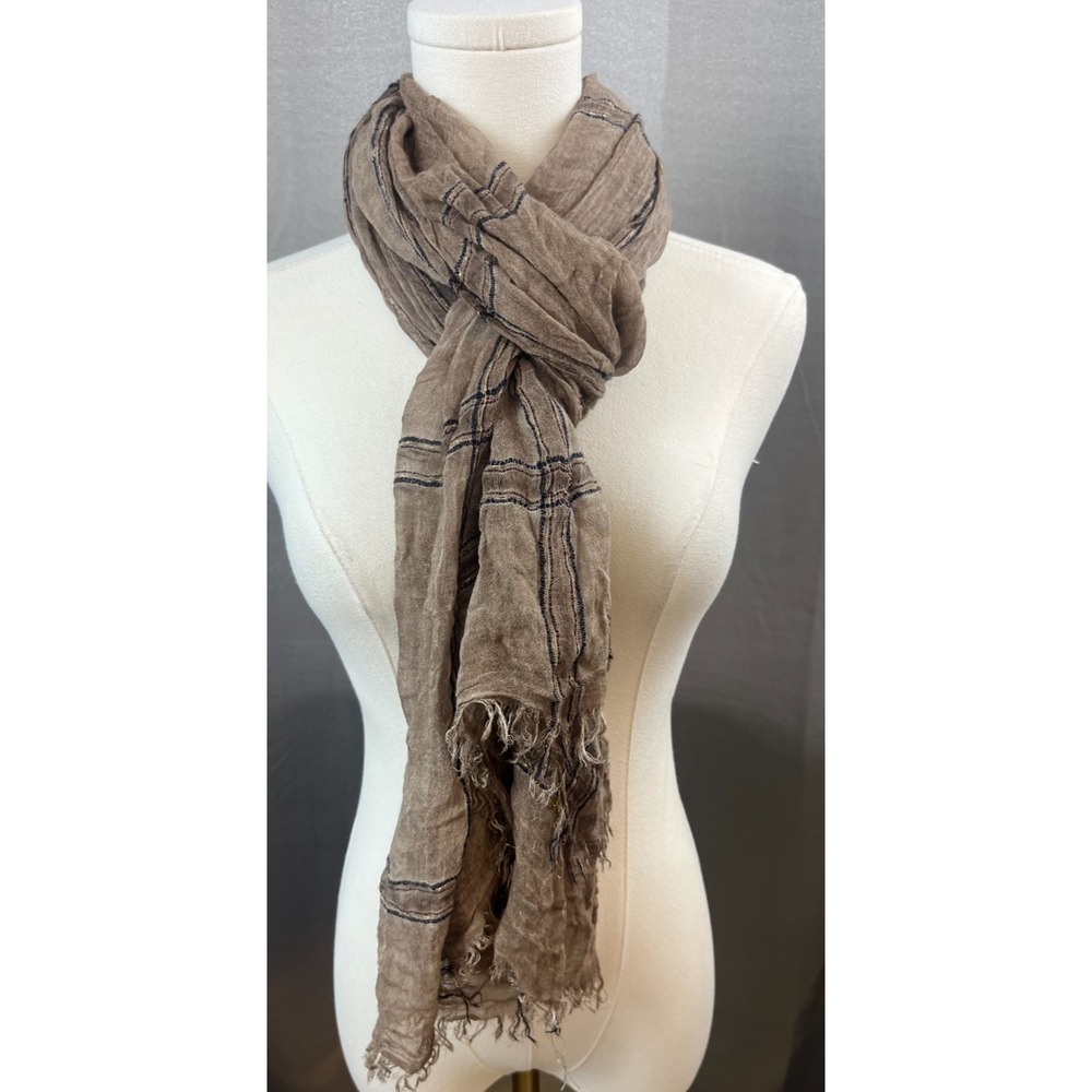 Lightweight Crinkle Brown Soft Plaid Scarf Rectangle Fringe Unisex Accessory
